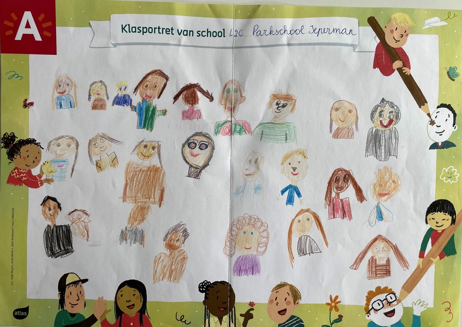 klasportret getekend door kinderen van basisschool Parkschool Ieperman